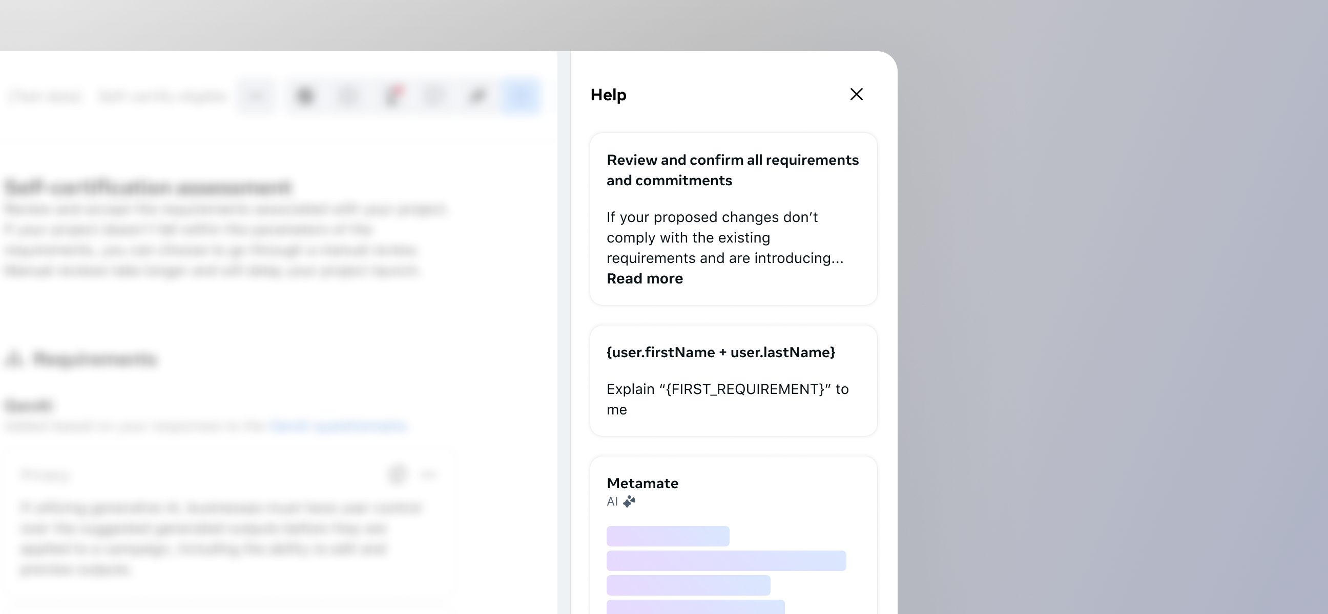 Self-certification assessment flow with a Help panel showing an AI assistant explaining requirements