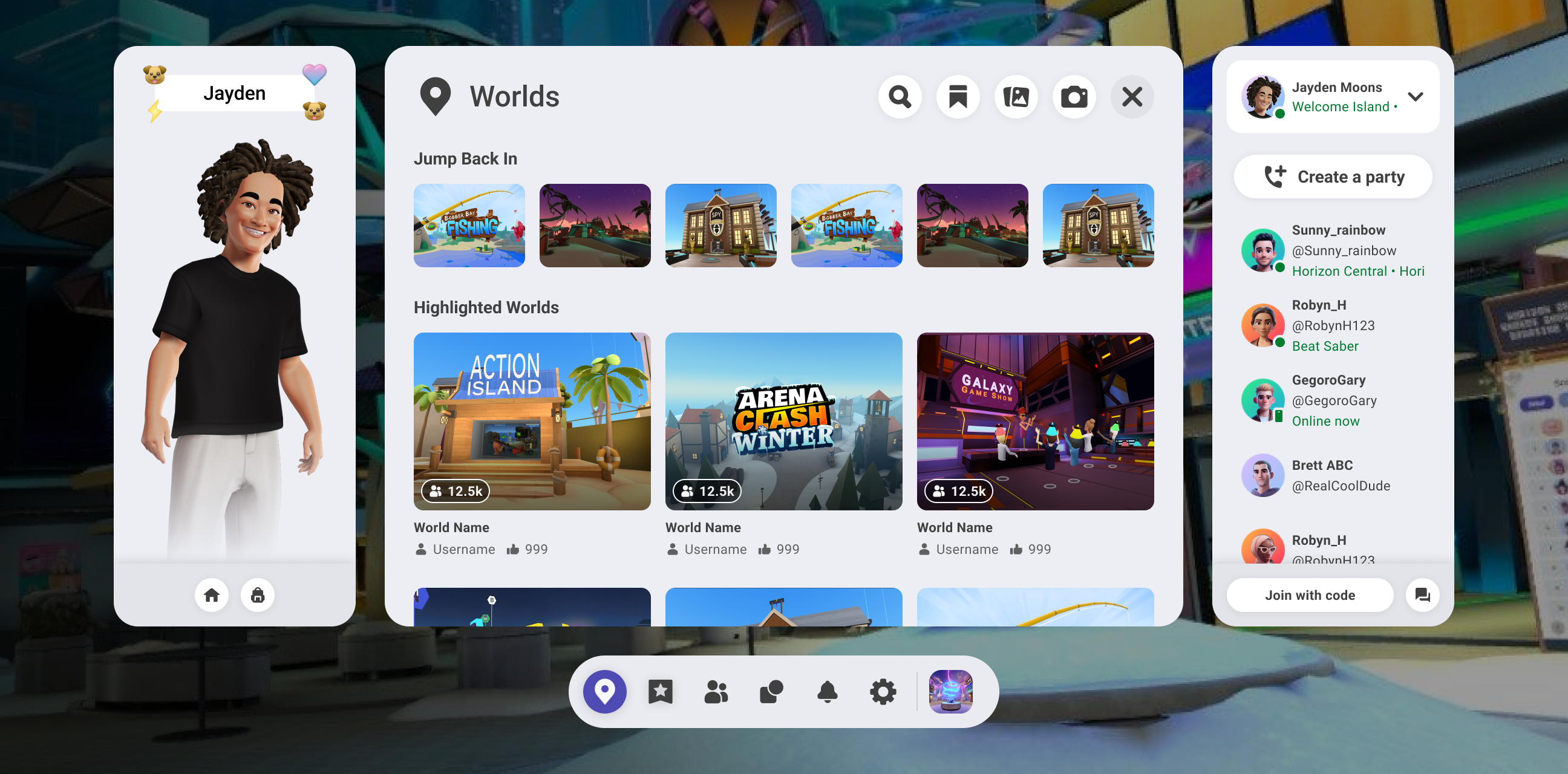 Horizon Worlds profile card, Worlds discovery panel, and friend request list over a blurred in-world background