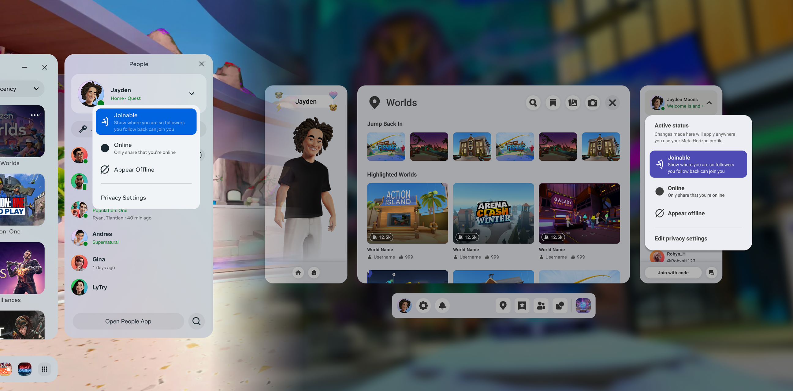 Messaging and avatar selection panels layered over Horizon Worlds screenshots