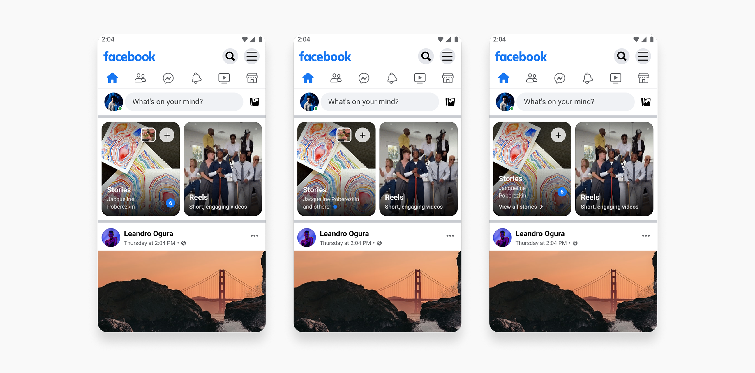 Three phone mockups showing feed variations with different Stories bar layouts