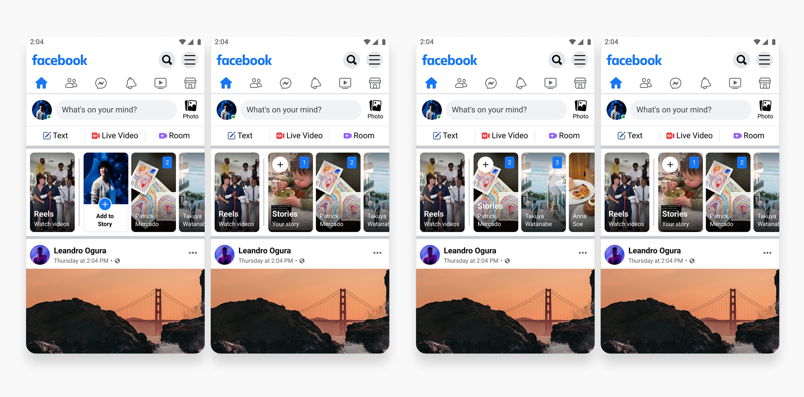 Four phone mockups showing feed variations with different Stories bar layouts