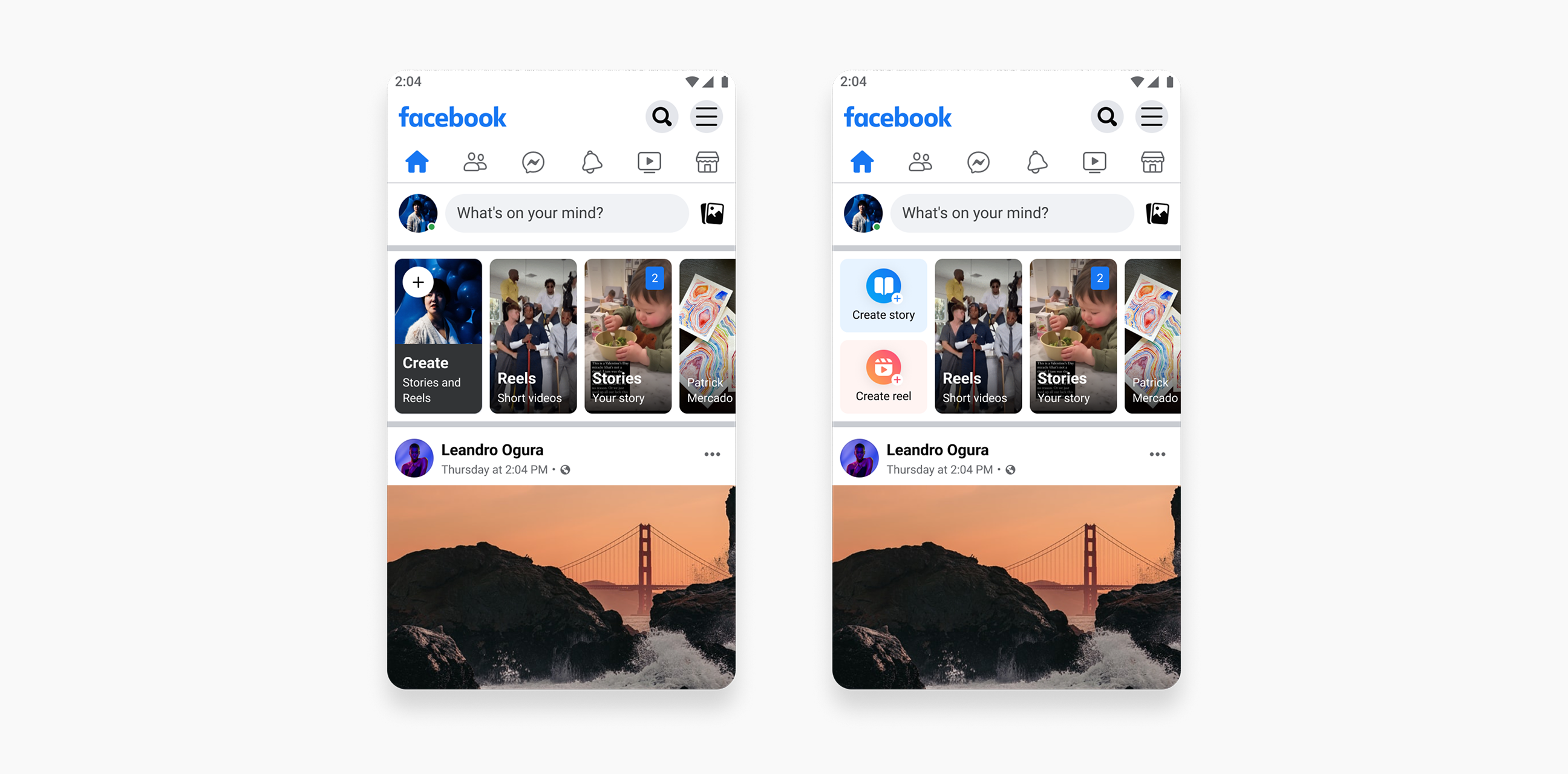 Two phone mockups showing feed variations with a simplified Stories bar