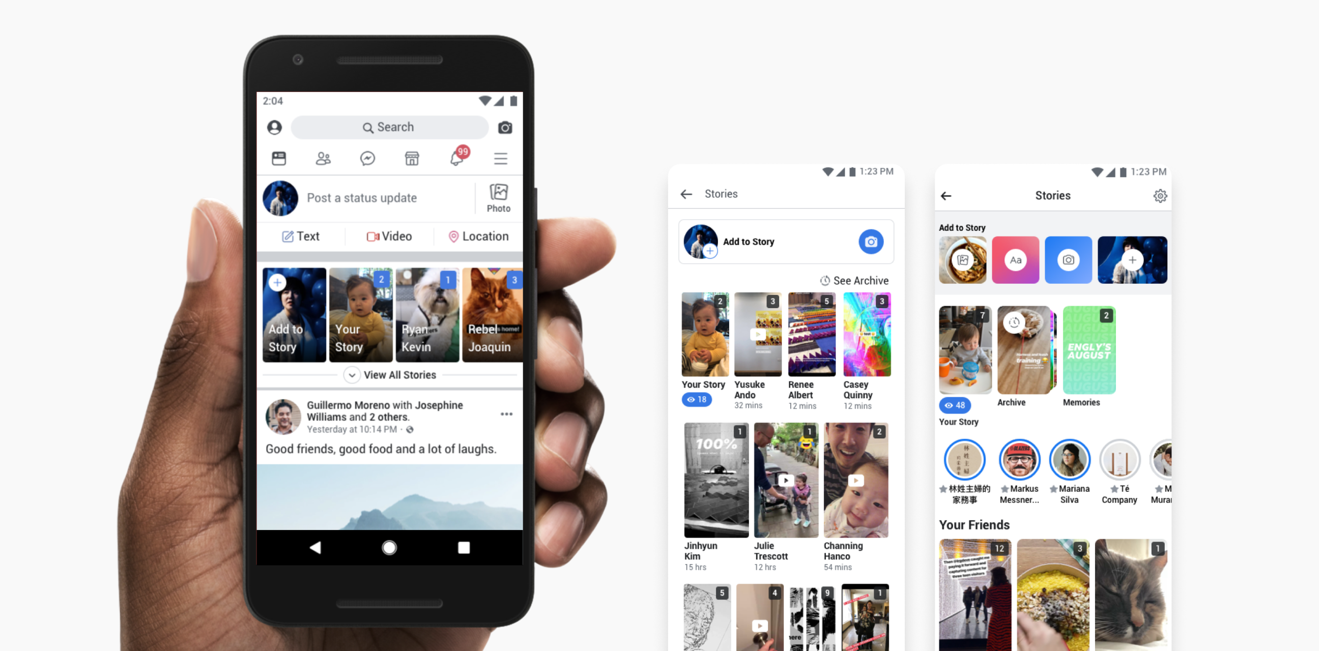 A hand holding a phone showing a search and discovery screen with a camera roll grid