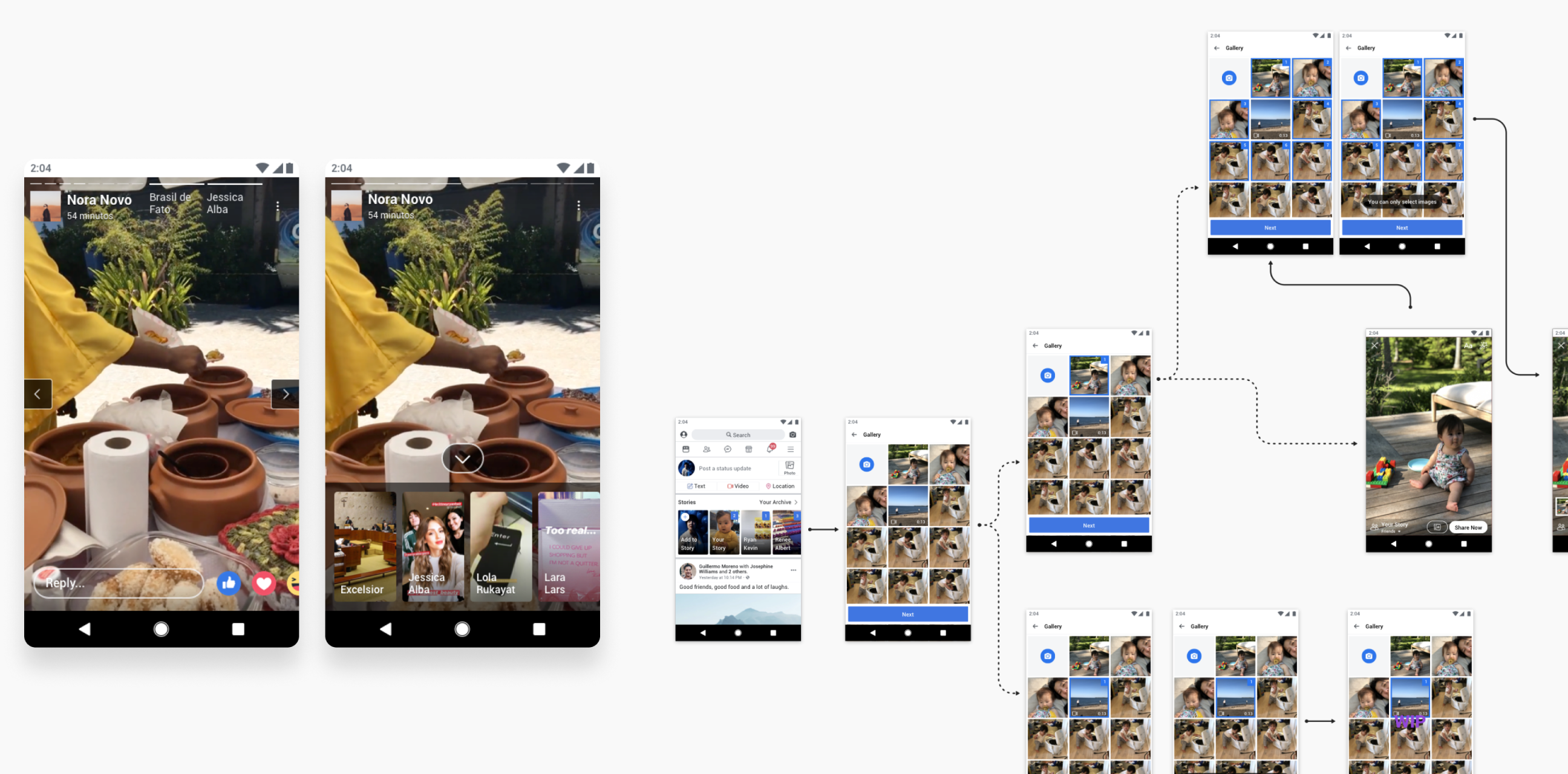 Flowchart connecting several phone mockups to show the Stories creation flow