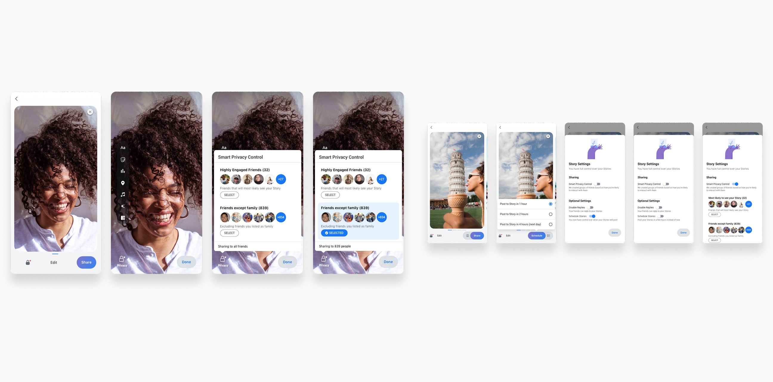 Row of profile avatars with names alongside small phone screens